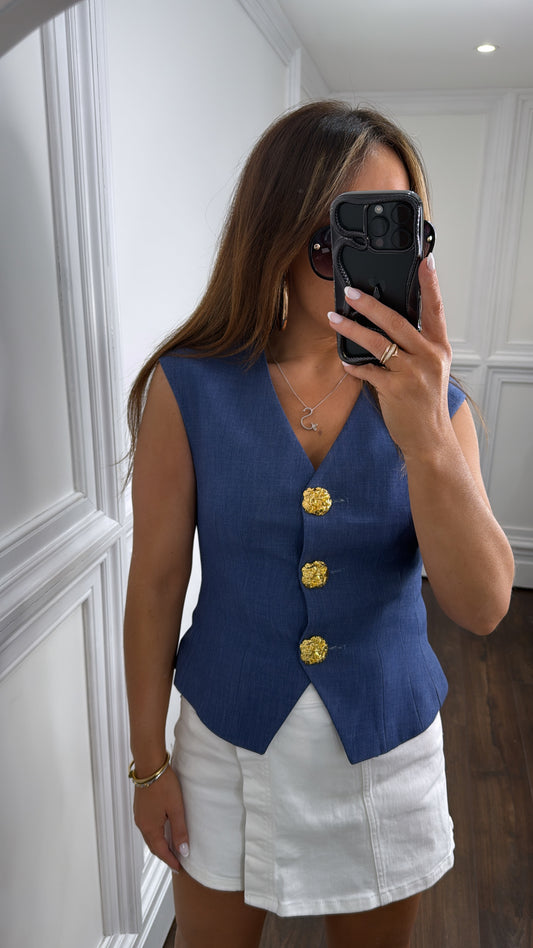KEIGHLEY dark blue gold button waist jacket