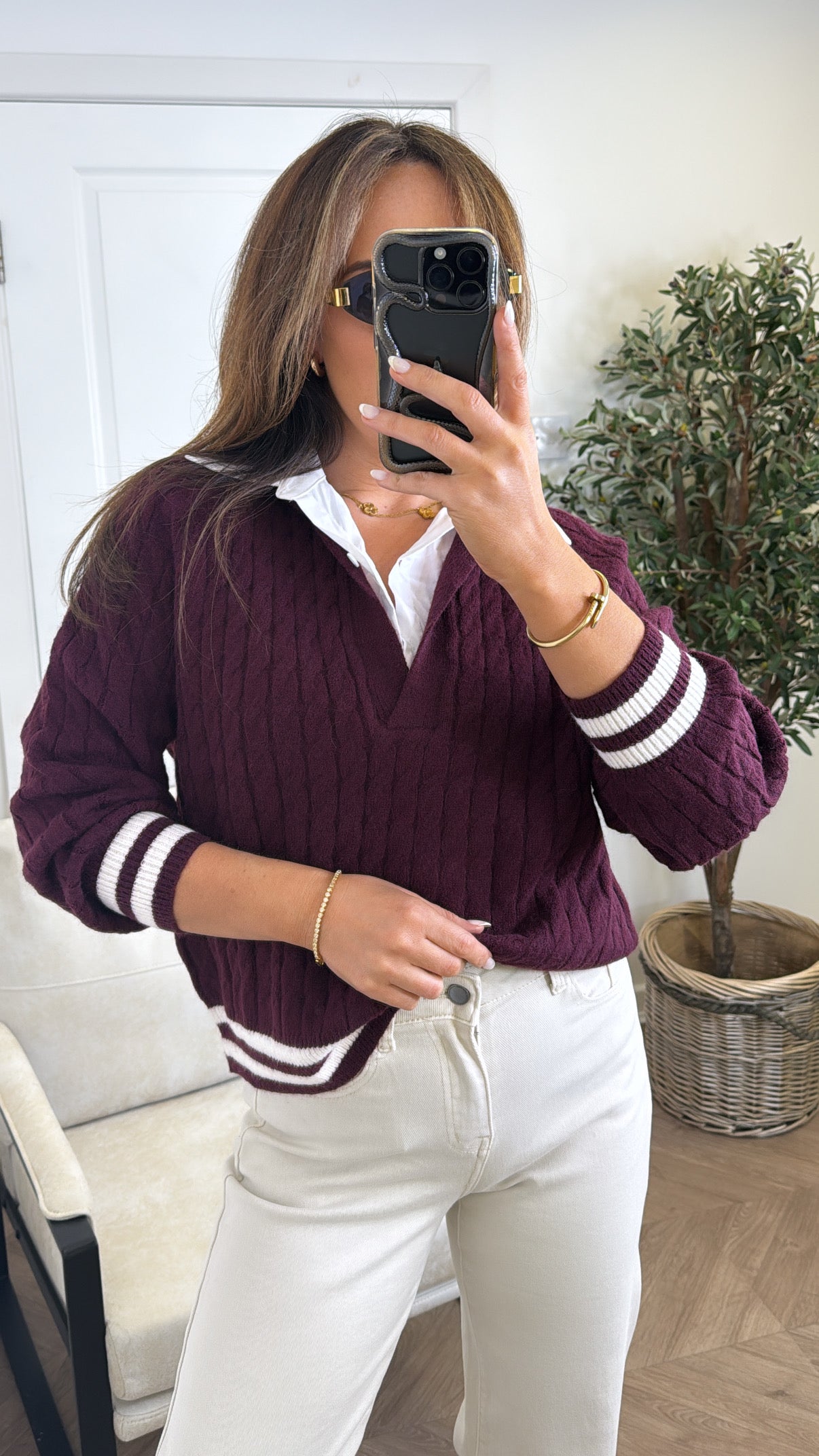 ALESSIA plum contrast shirt cable knit jumper