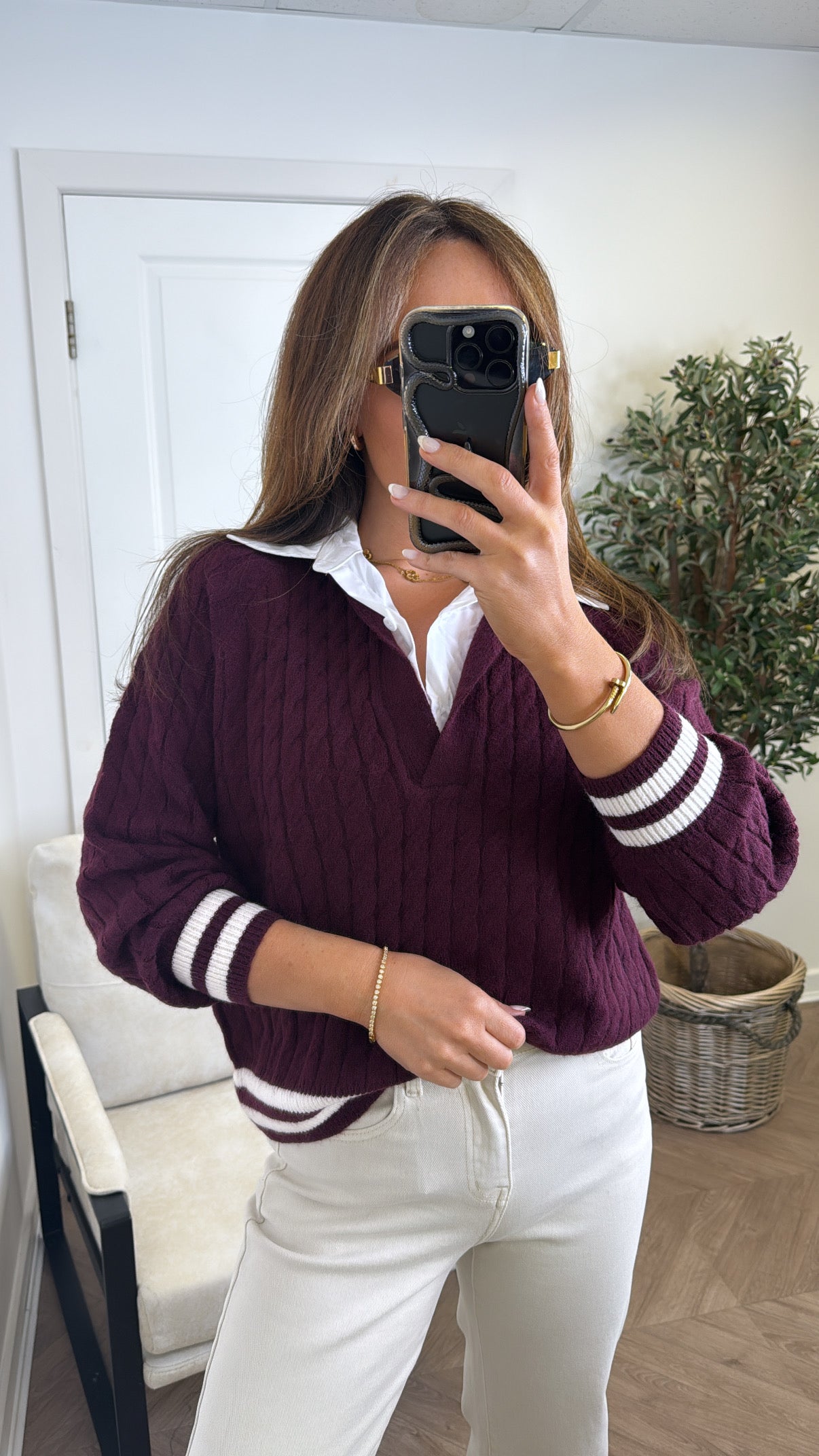 ALESSIA plum contrast shirt cable knit jumper