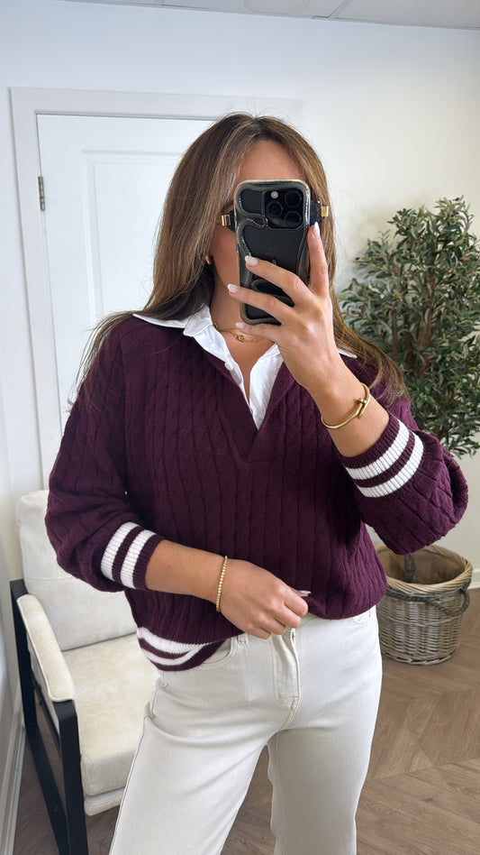 ALESSIA plum contrast shirt cable knit jumper
