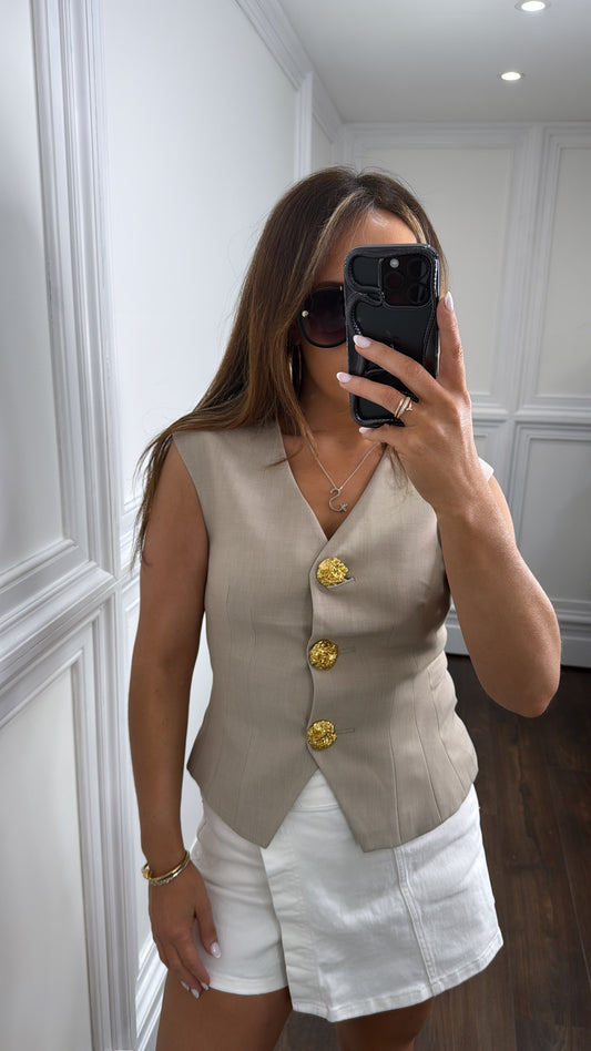 KEIGHLEY taupe gold button waist jacket