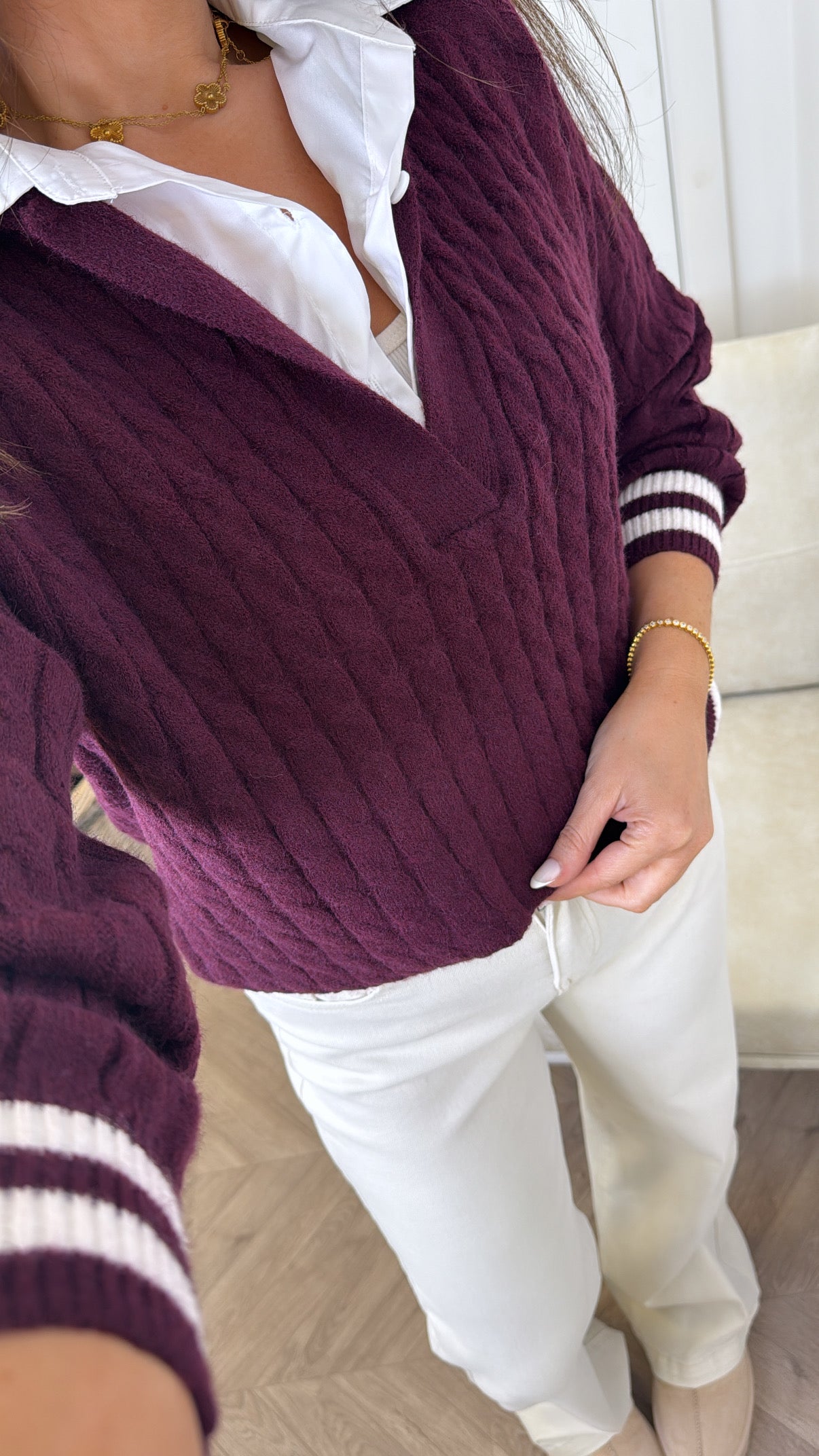 ALESSIA plum contrast shirt cable knit jumper