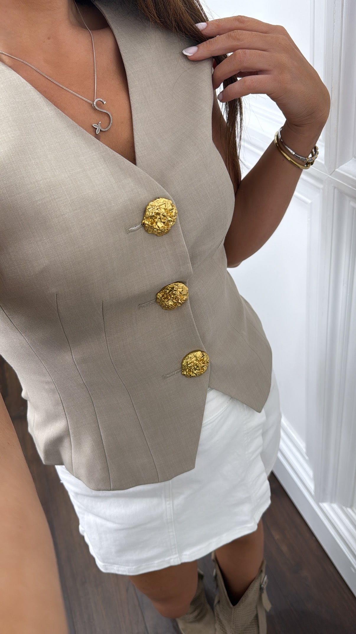 KEIGHLEY taupe gold button waist jacket