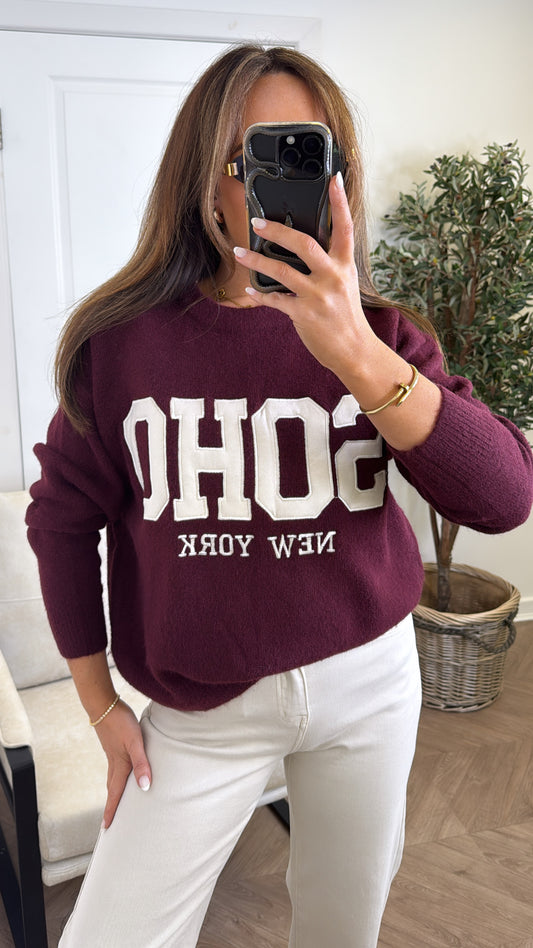 SOHO burgundy soft knit logo jumper