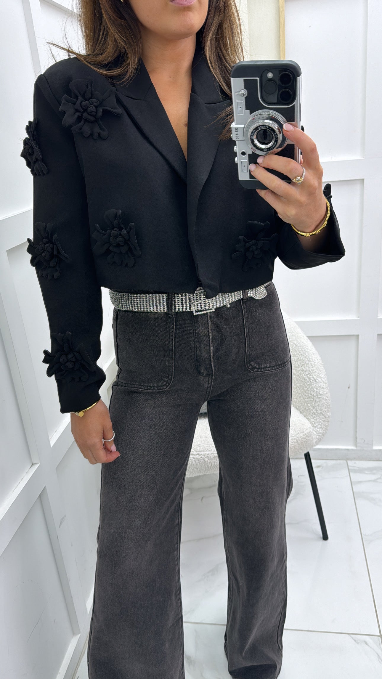 ERICA black cropped blazer with flower appliqué detail