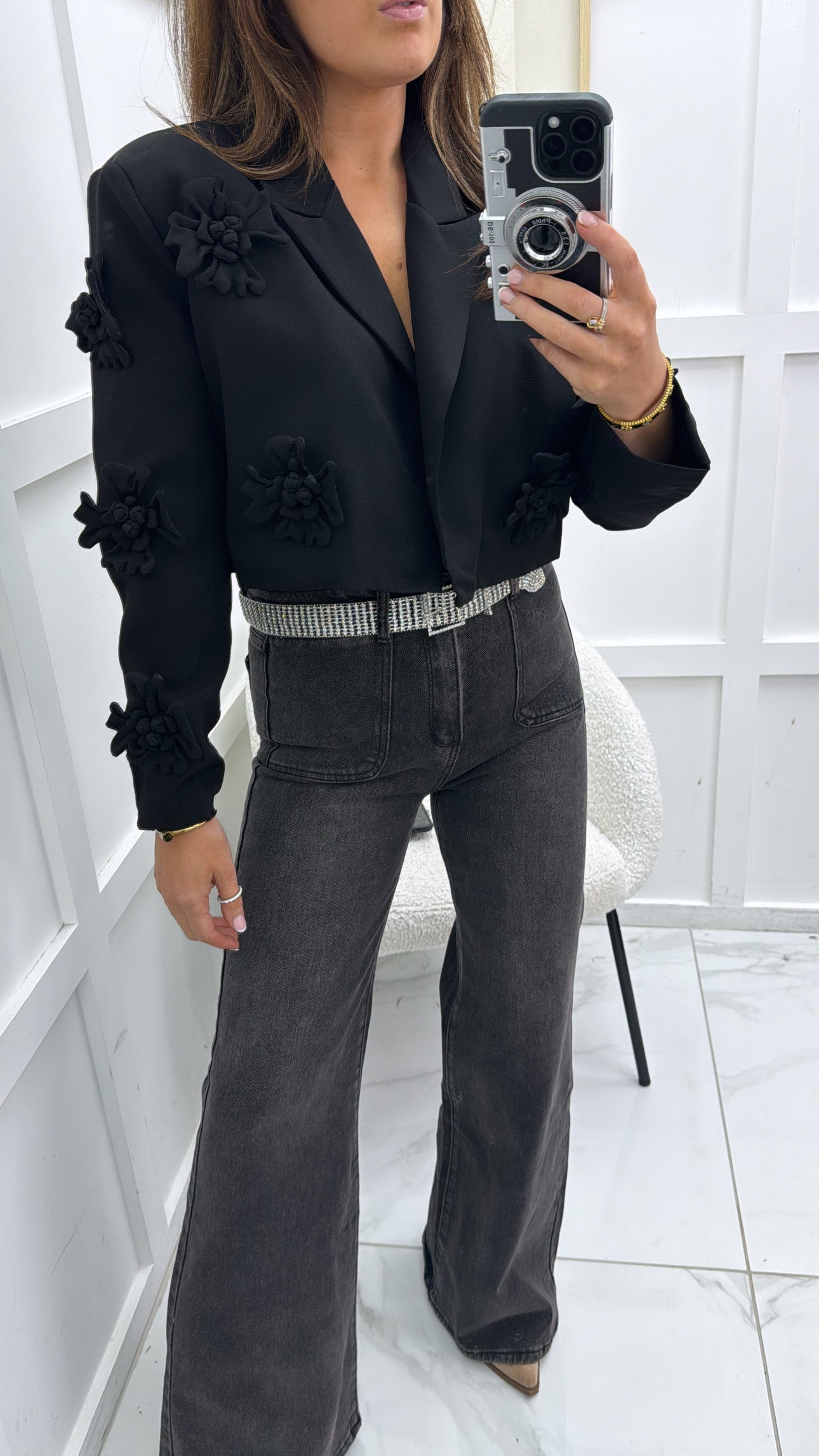 ERICA black cropped blazer with flower appliqué detail