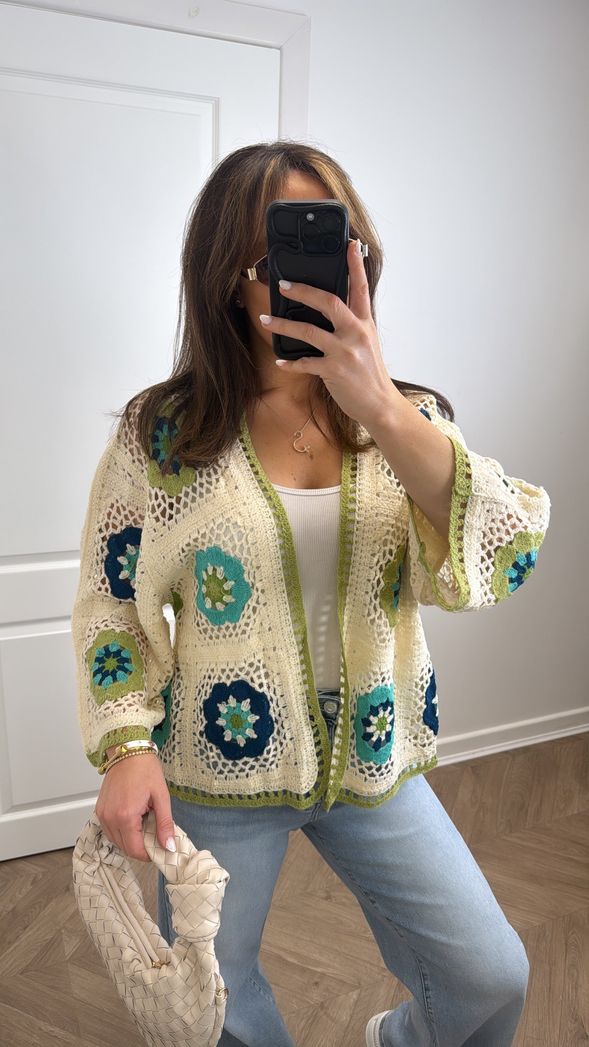 MAISIE green and cream crochet cardigan