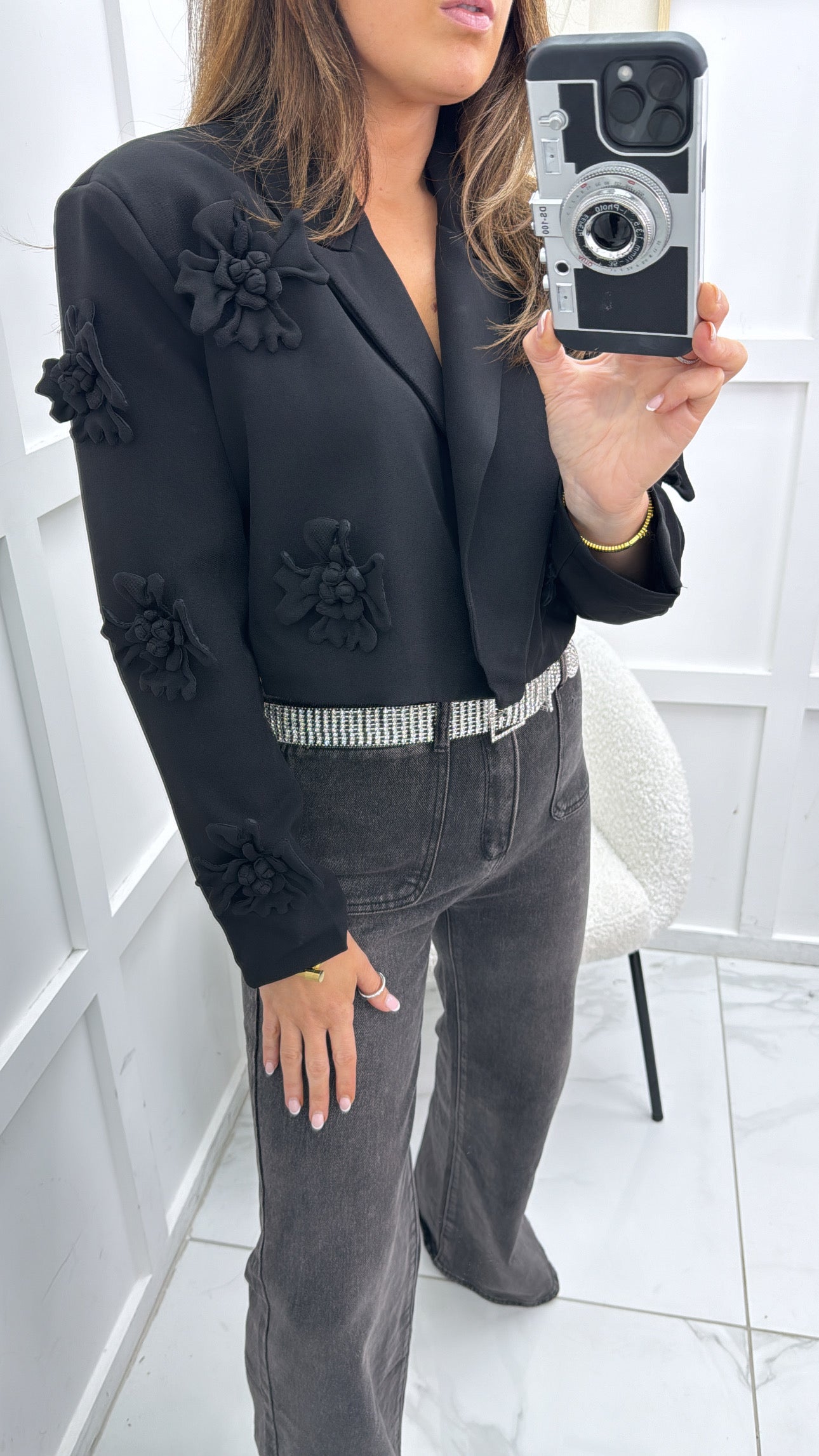 ERICA black cropped blazer with flower appliqué detail