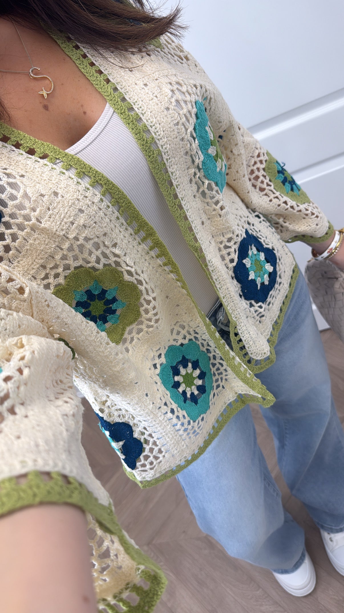 MAISIE green and cream crochet cardigan