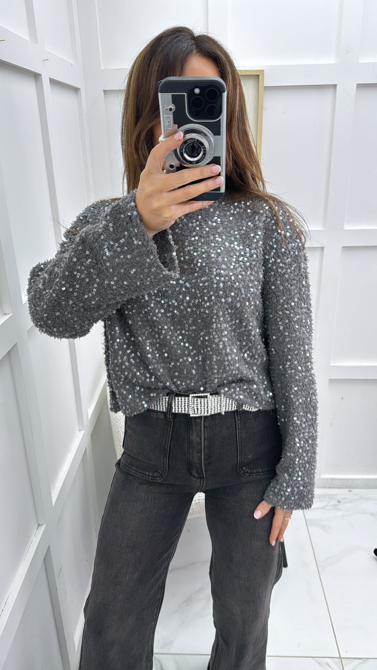 ELOISE grey sequin detail long sleeve top