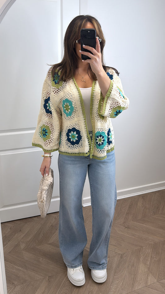 MAISIE green and cream crochet cardigan