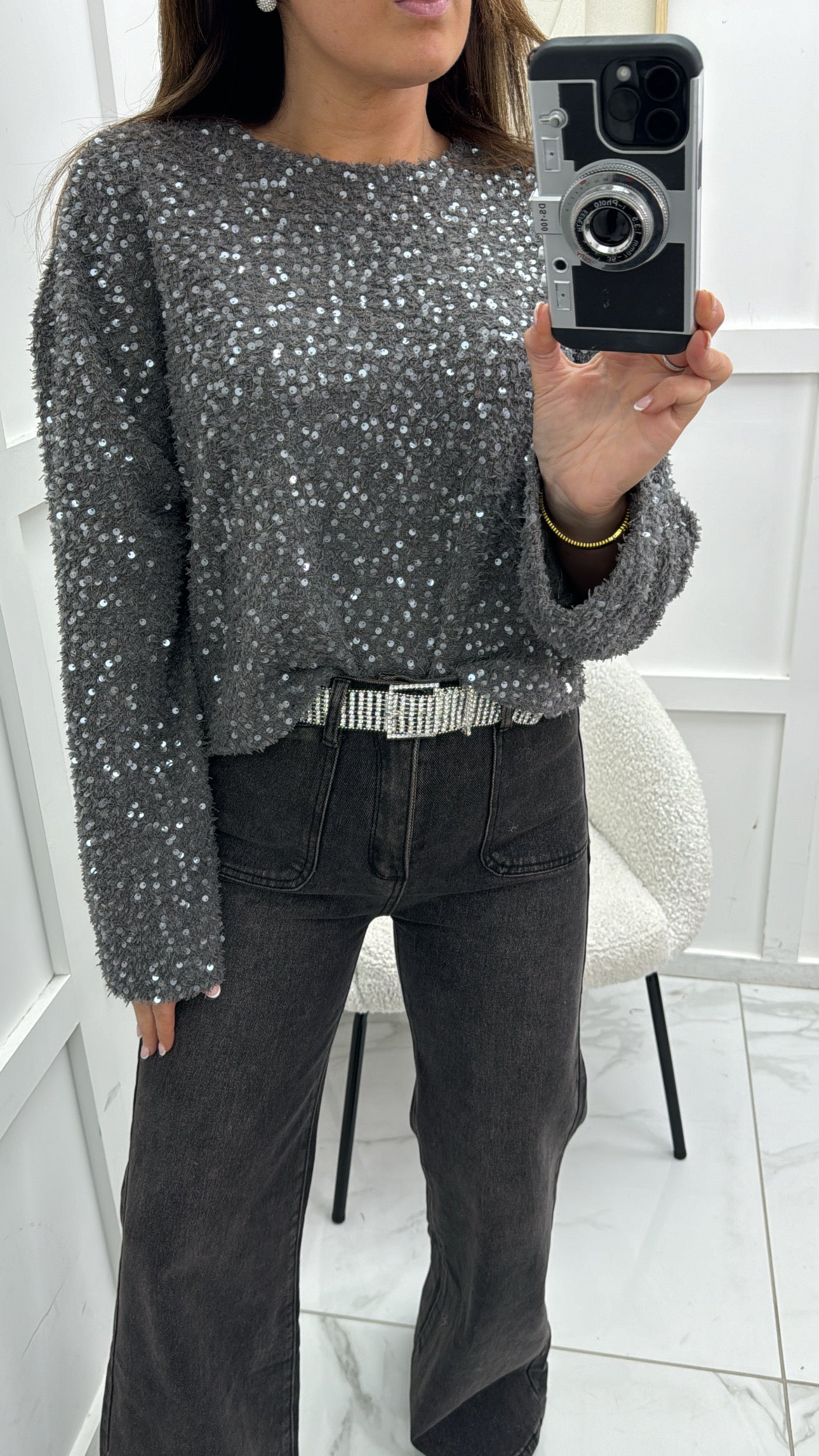 ELOISE grey sequin detail long sleeve top