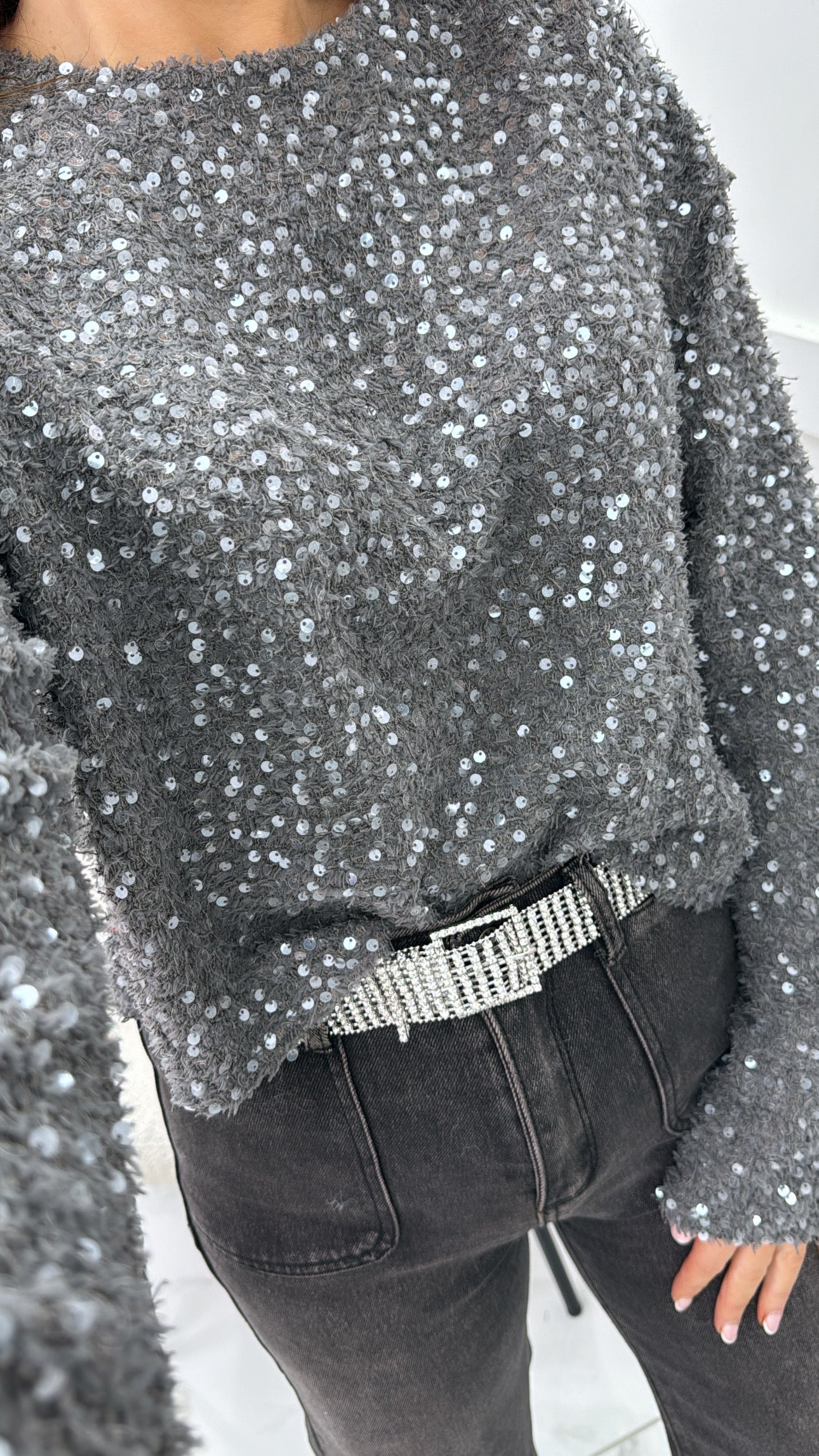 ELOISE grey sequin detail long sleeve top