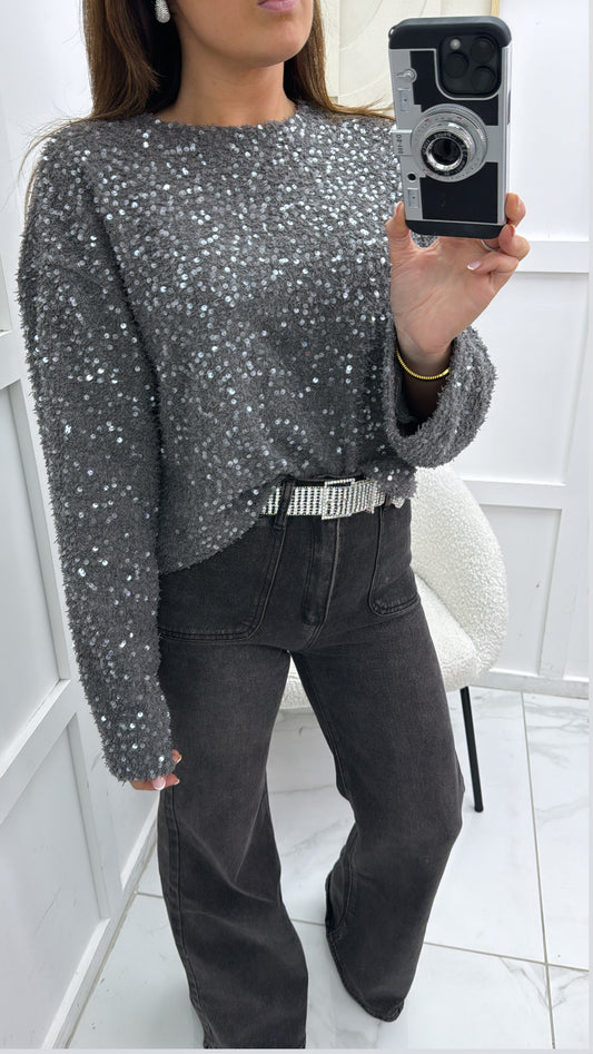 ELOISE grey sequin detail long sleeve top