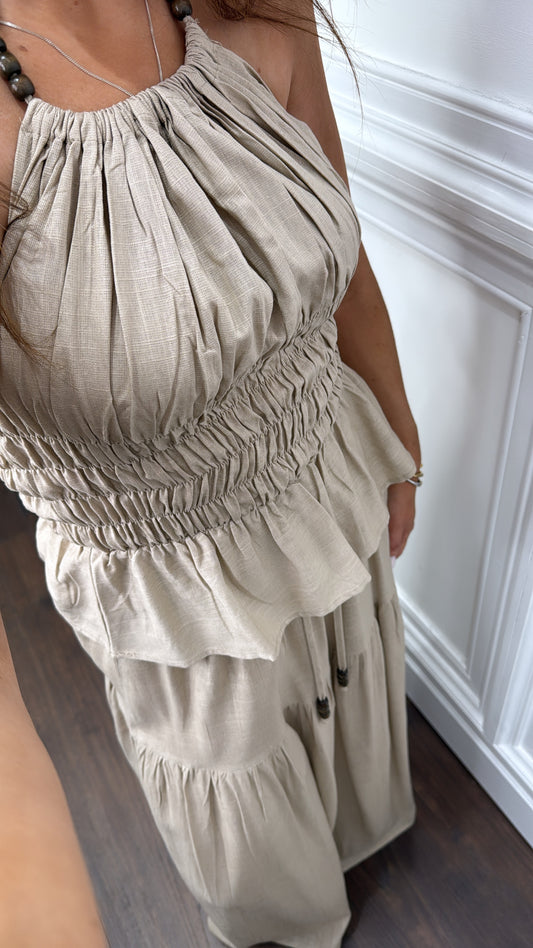 BETSY taupe halter neck top and maxi skirt co-ord
