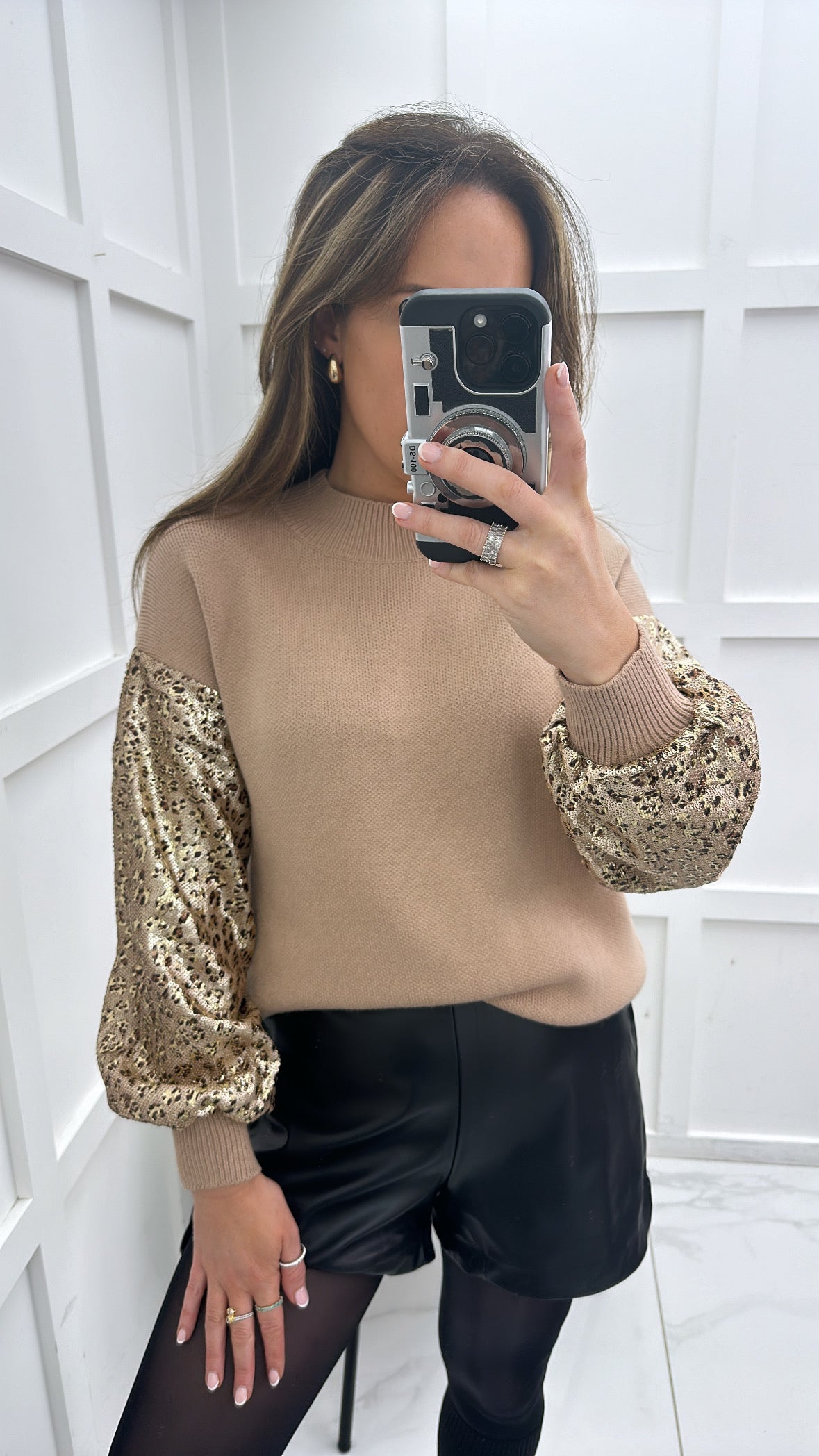 JESSIE camel knit jumper with leopard sequin sleeves