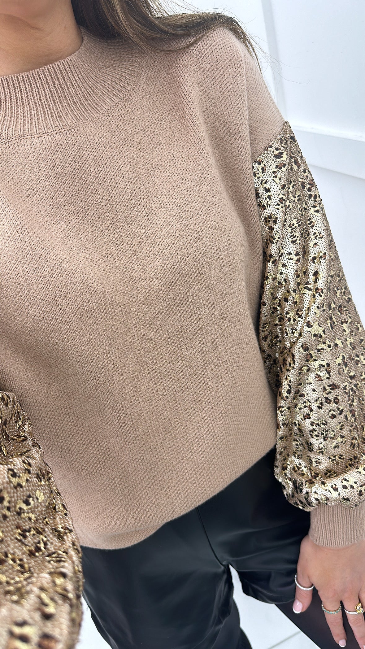 JESSIE camel knit jumper with leopard sequin sleeves