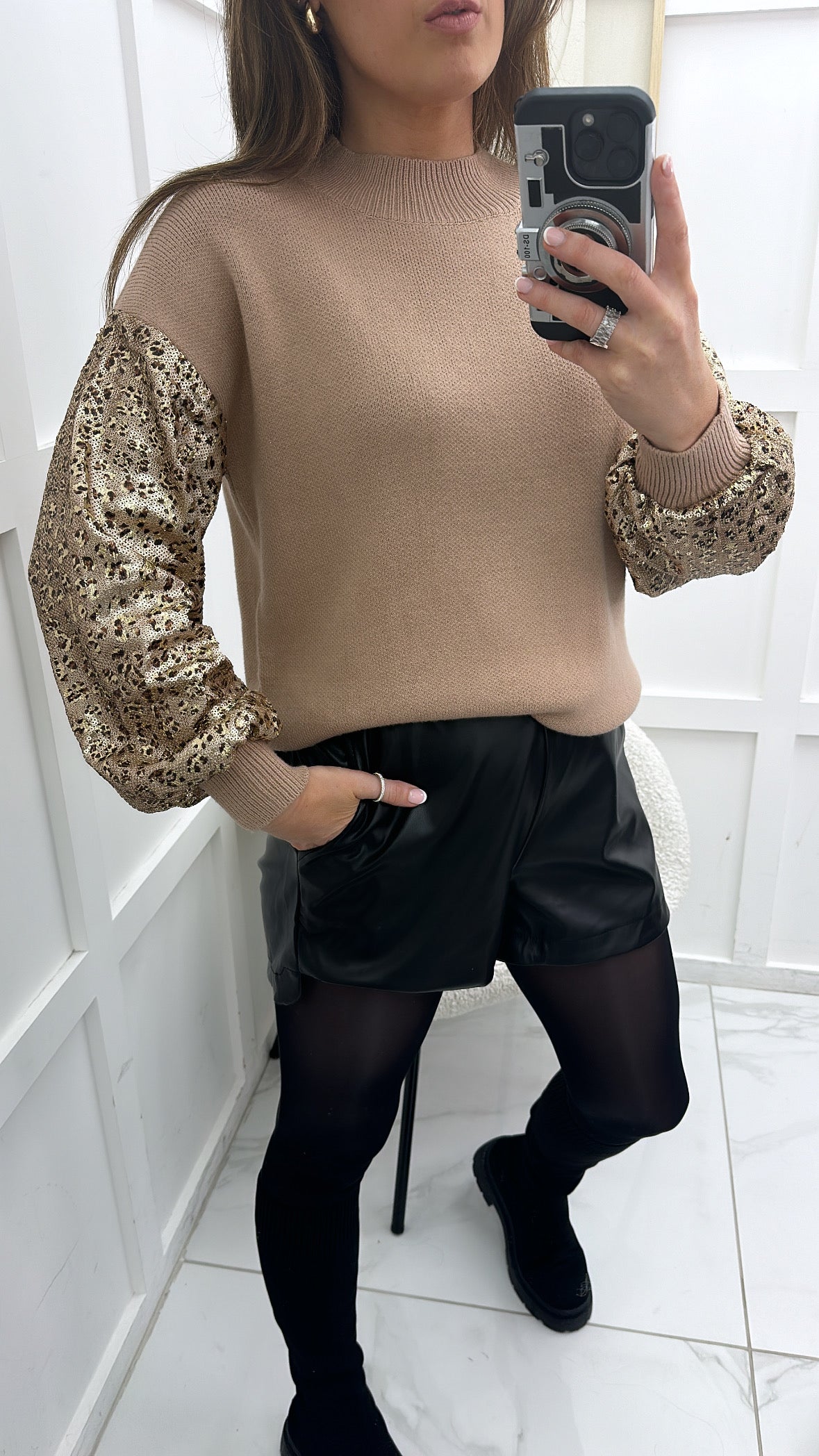 JESSIE camel knit jumper with leopard sequin sleeves