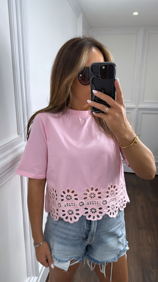 MINNIE pink broderie anglaise hem t-shirt