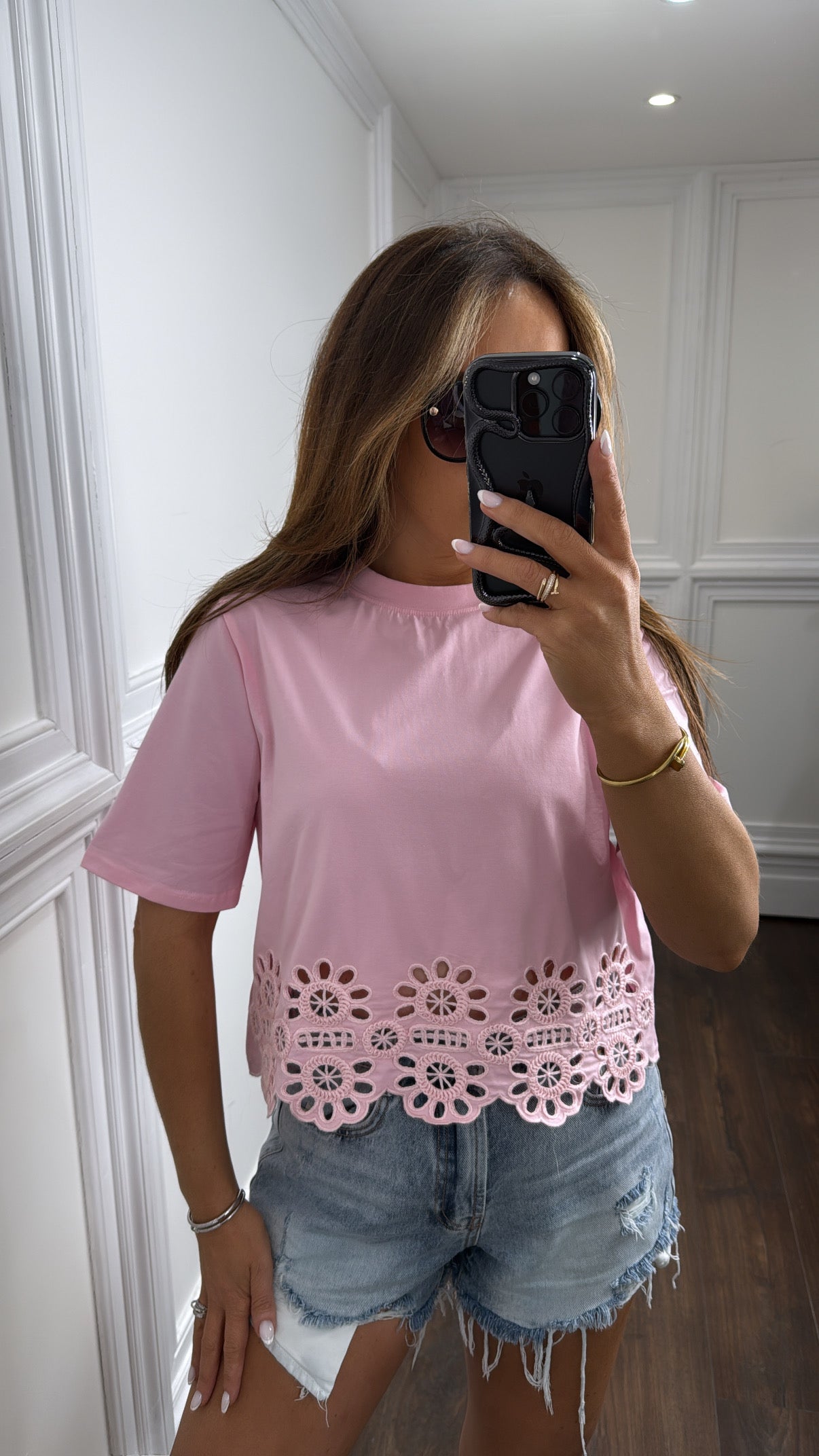 MINNIE pink broderie anglaise hem t-shirt