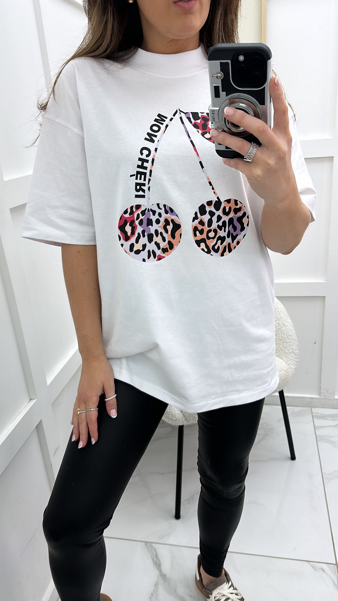 MON CHERI white t-shirt with multi colour leopard print cherries