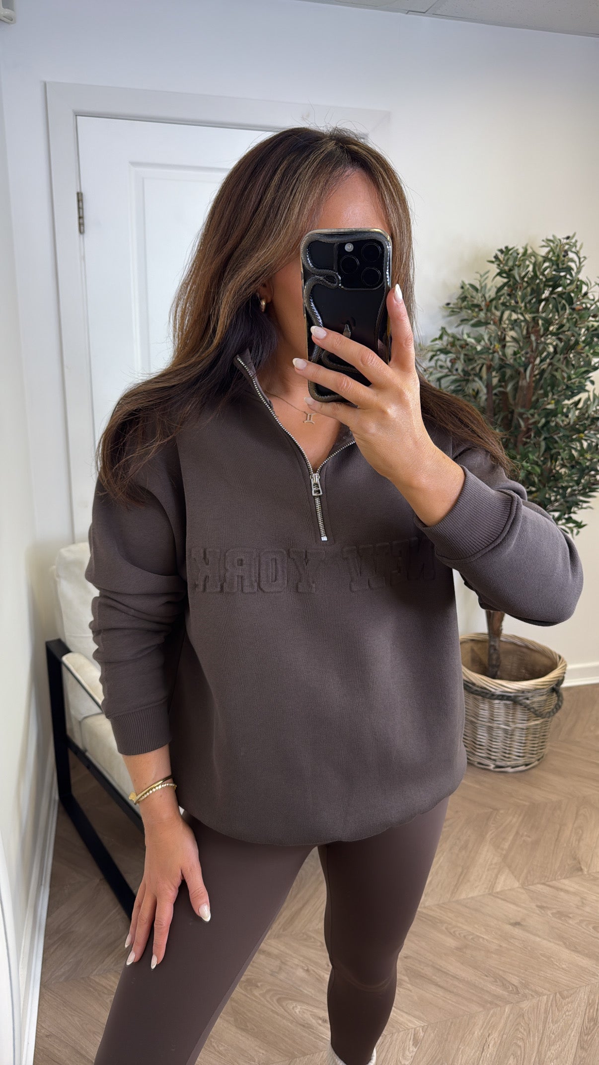 NEW YORK brown embossed logo half zip oversized sweatshirt