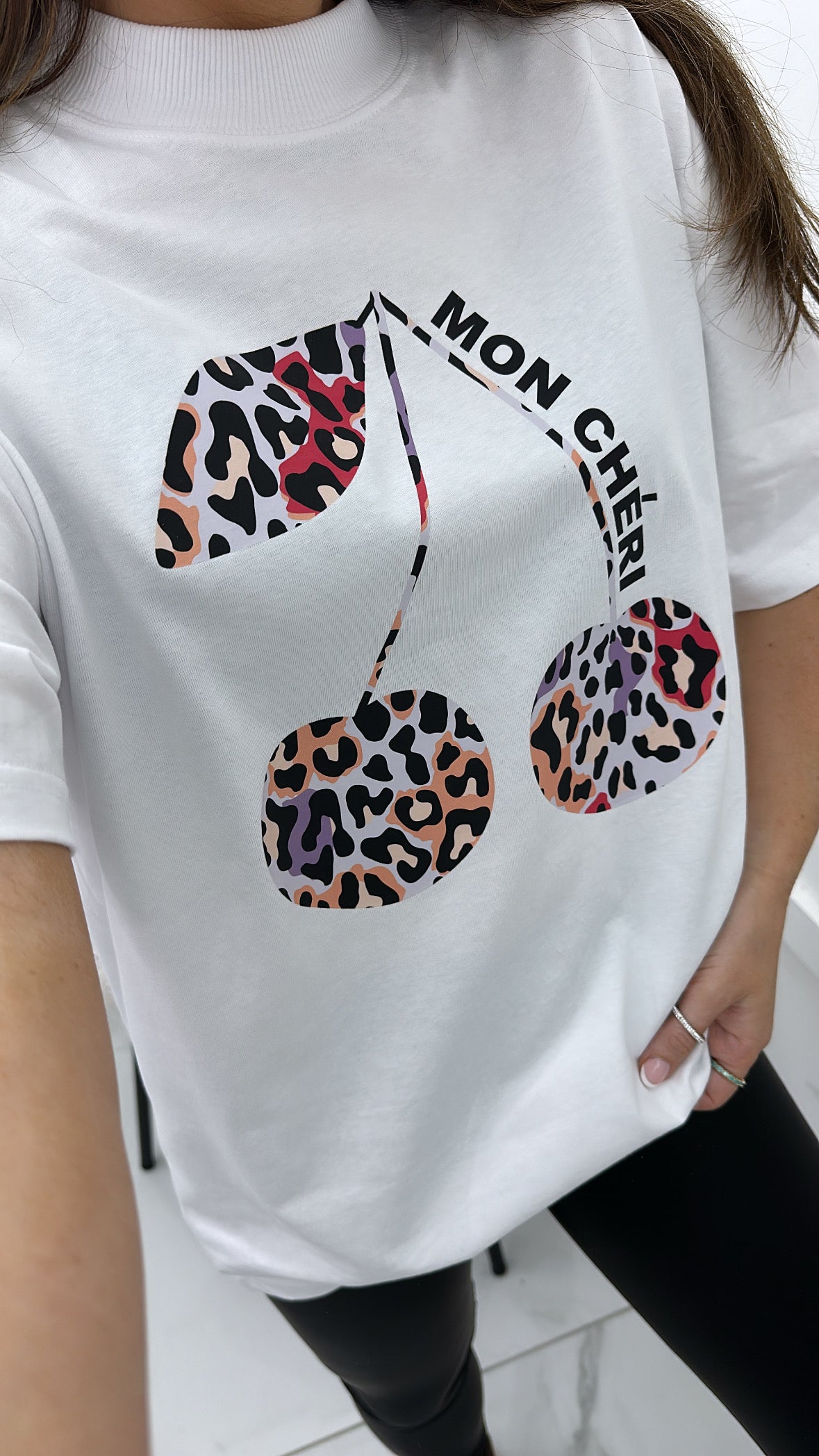 MON CHERI white t-shirt with multi colour leopard print cherries