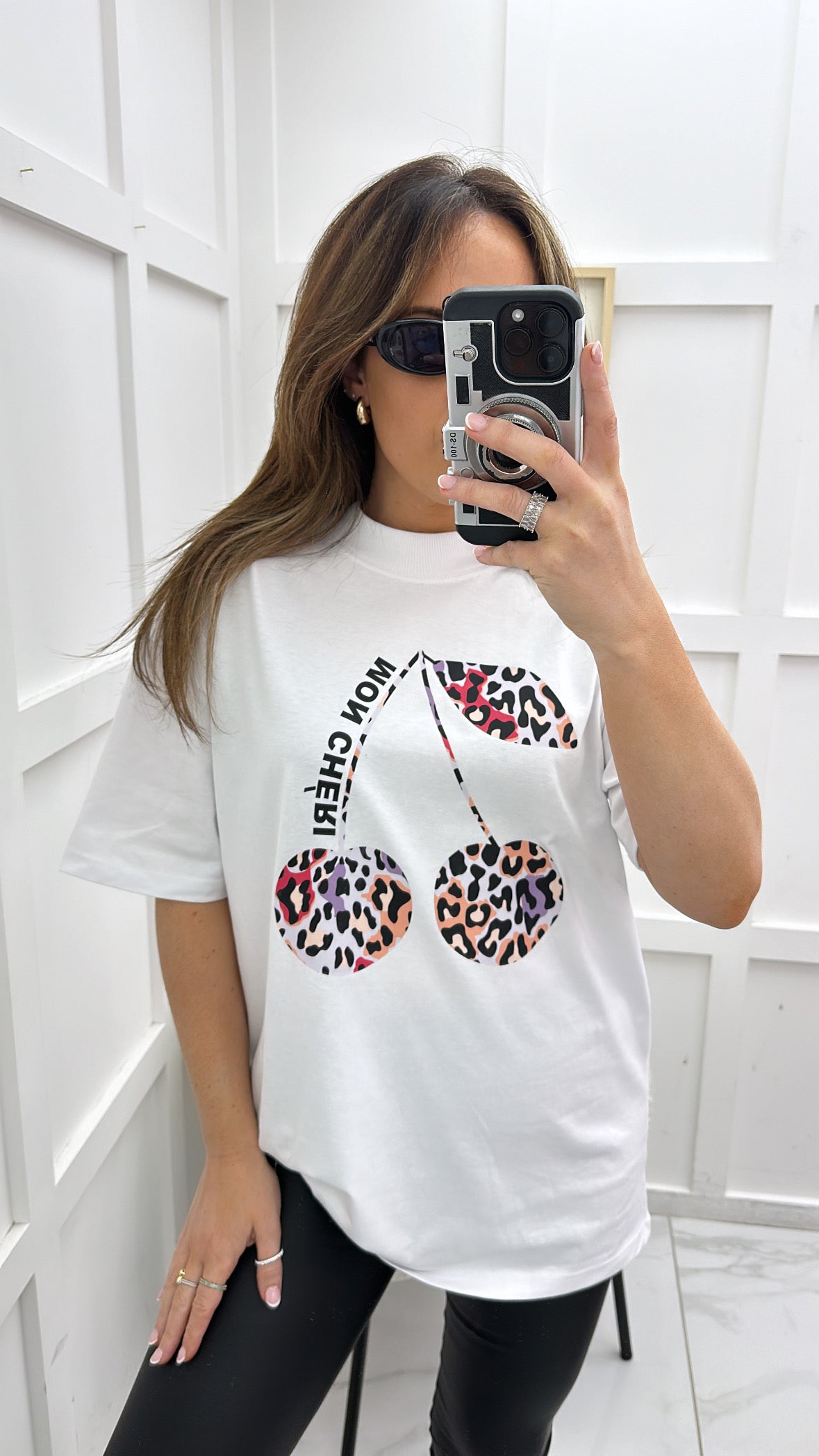 MON CHERI white t-shirt with multi colour leopard print cherries