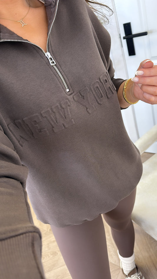 NEW YORK brown embossed logo half zip oversized sweatshirt
