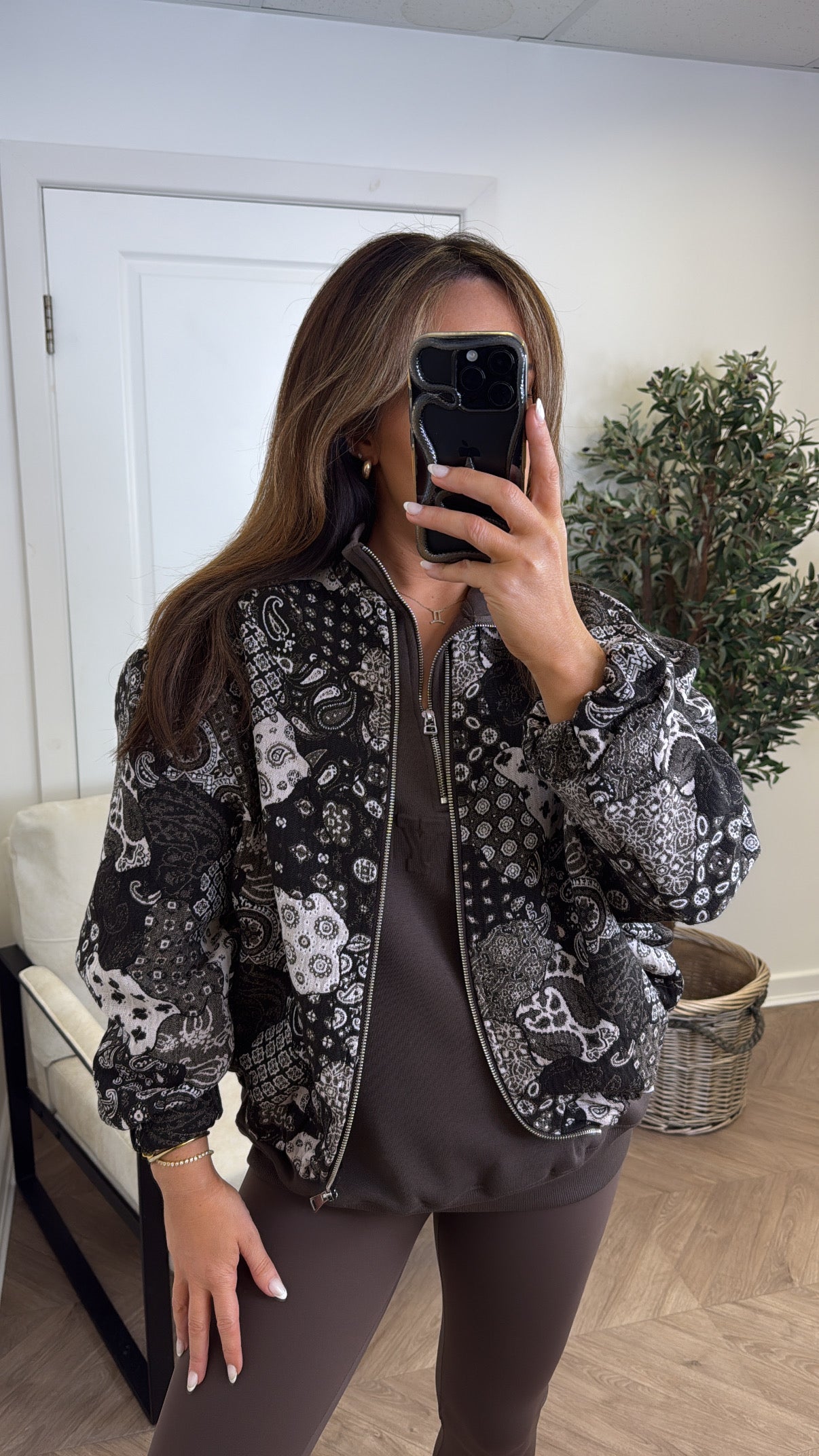 MOLLIE dark brown patchwork embroidered over size bomber jacket