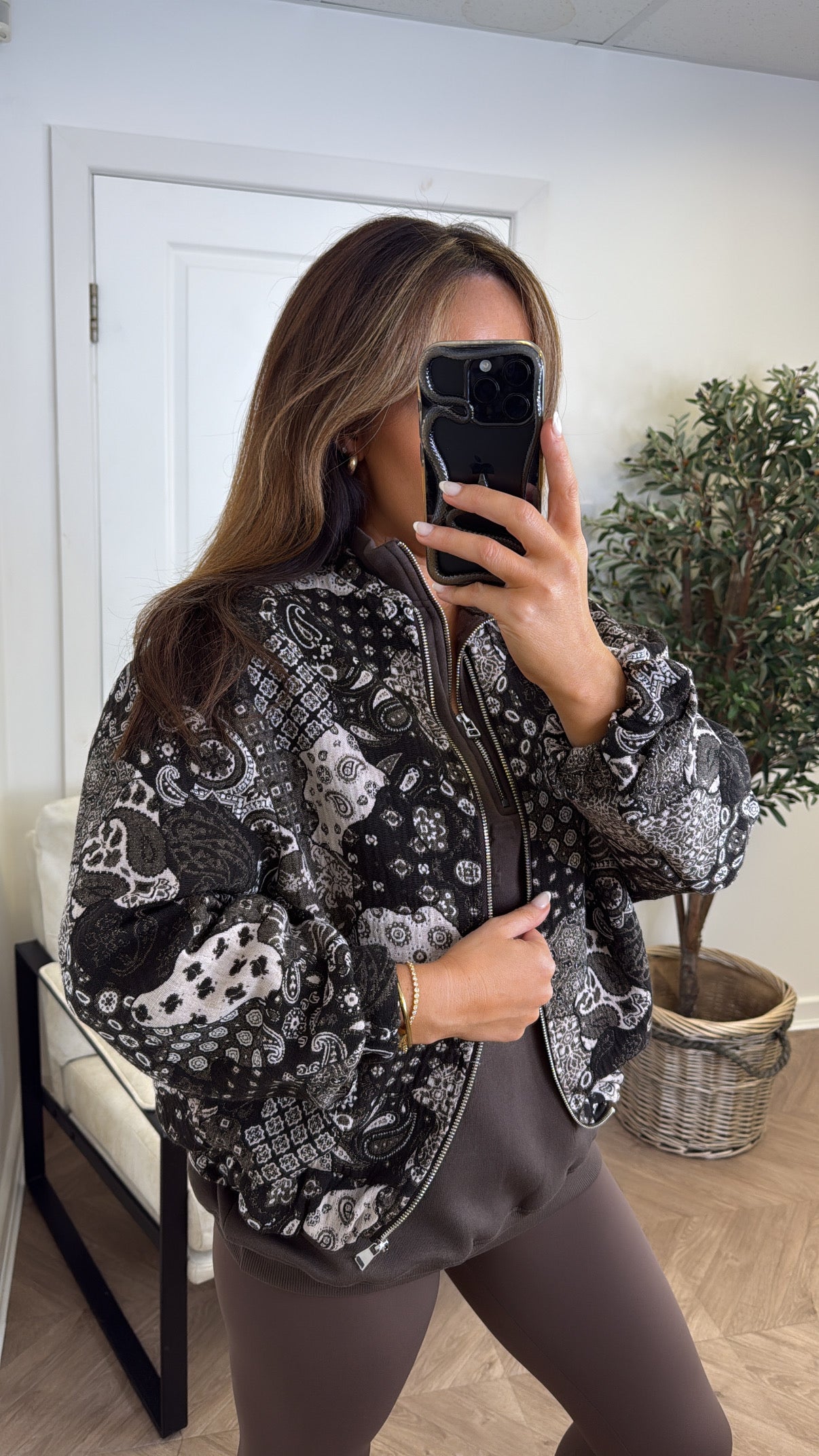 MOLLIE dark brown patchwork embroidered over size bomber jacket