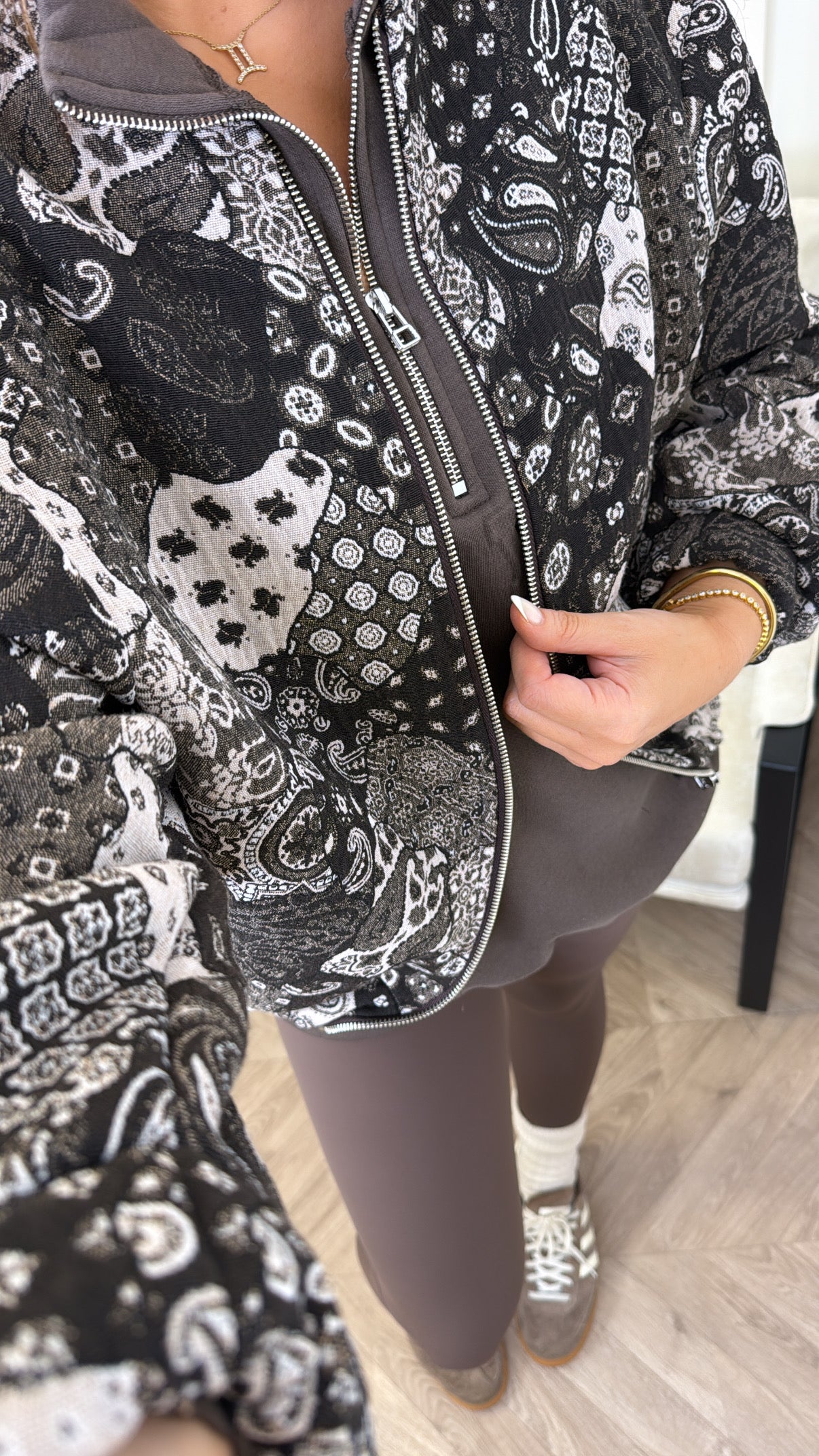 MOLLIE dark brown patchwork embroidered over size bomber jacket