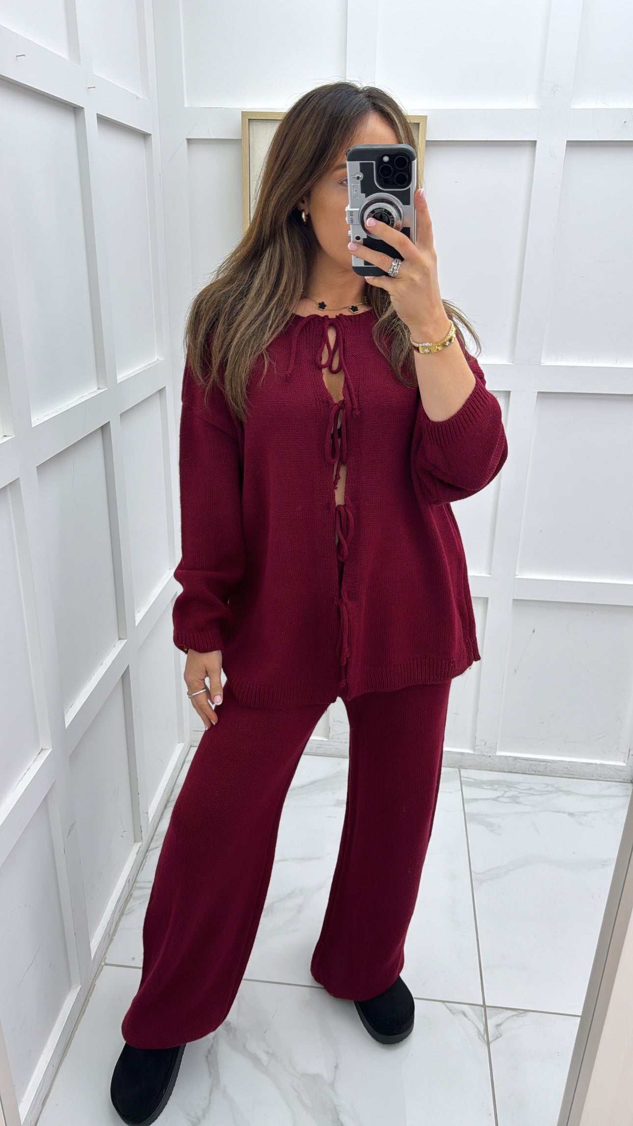 MARCELLA burgundy knitted tie cardigan and joggers co-ord set