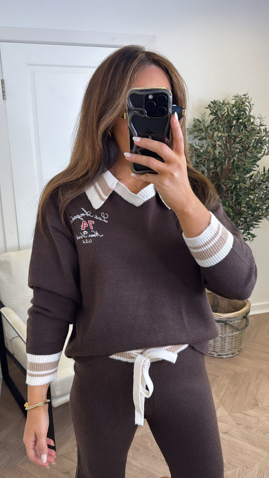 LOS ANGELES brown knitted top and trousers co-ord