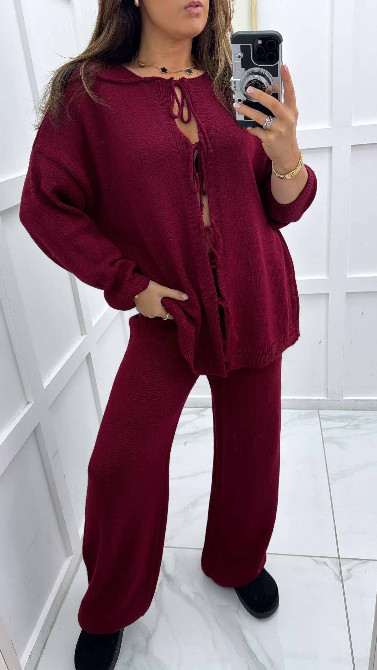 MARCELLA burgundy knitted tie cardigan and joggers co-ord set