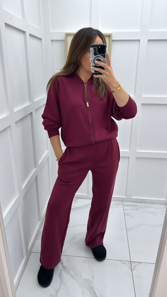 ELLEN burgundy bomber jacket and trouser lounge set