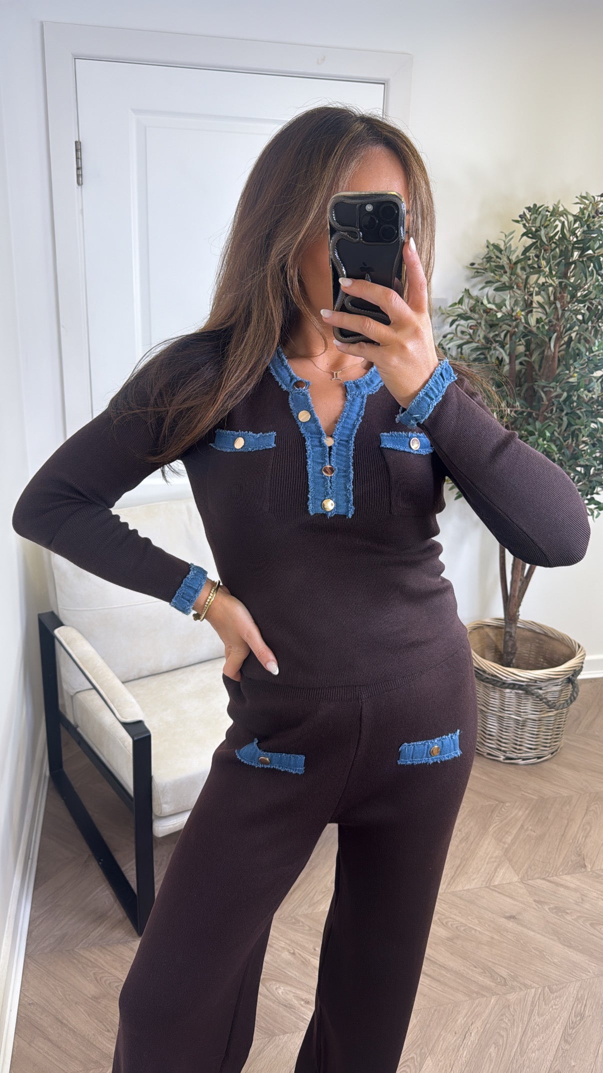 OLIVIA brown and denim contrast top and trousers co-ord