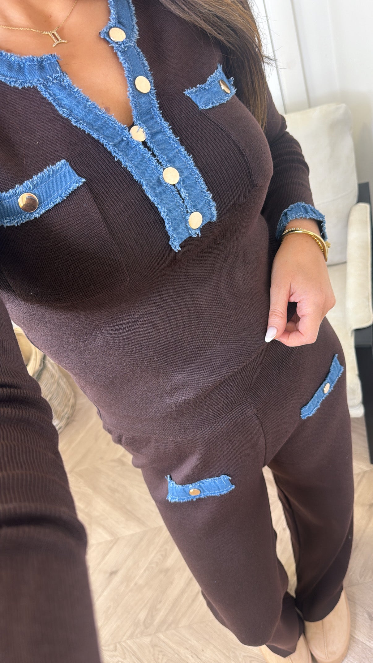 OLIVIA brown and denim contrast top and trousers co-ord