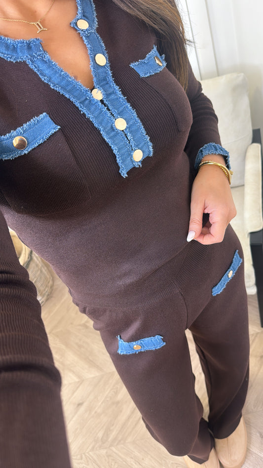OLIVIA brown and denim contrast top and trousers co-ord
