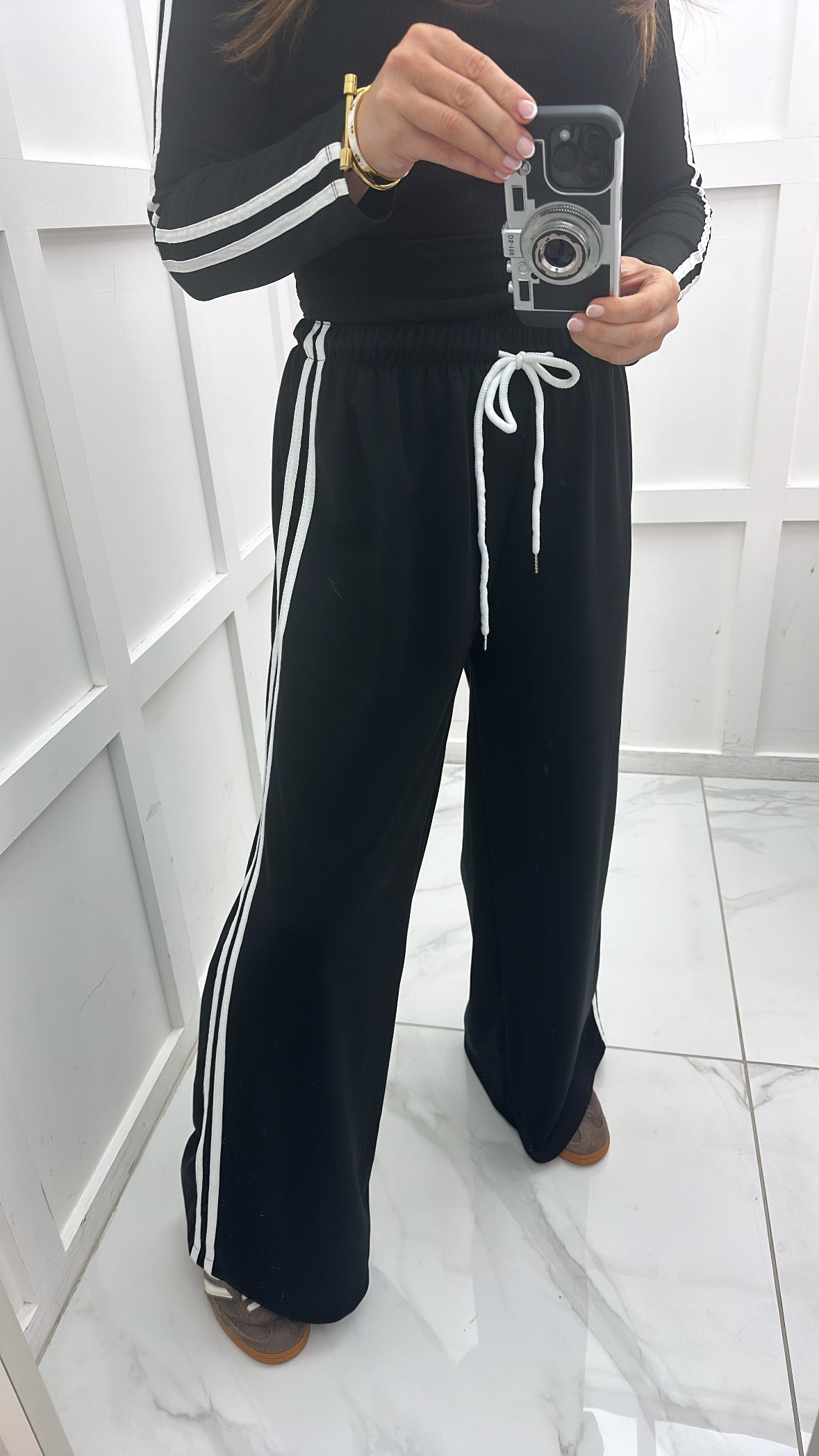 BETHANY black soft wide leg joggers with white side stripes