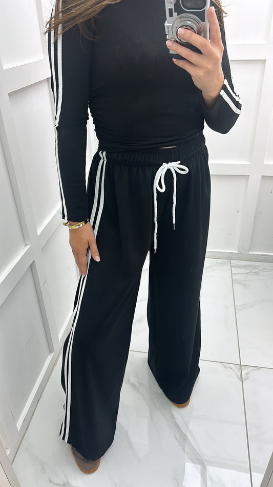 BETHANY black soft wide leg joggers with white side stripes