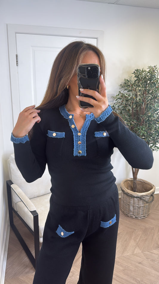 OLIVIA black and denim contrast top and trousers co-ord
