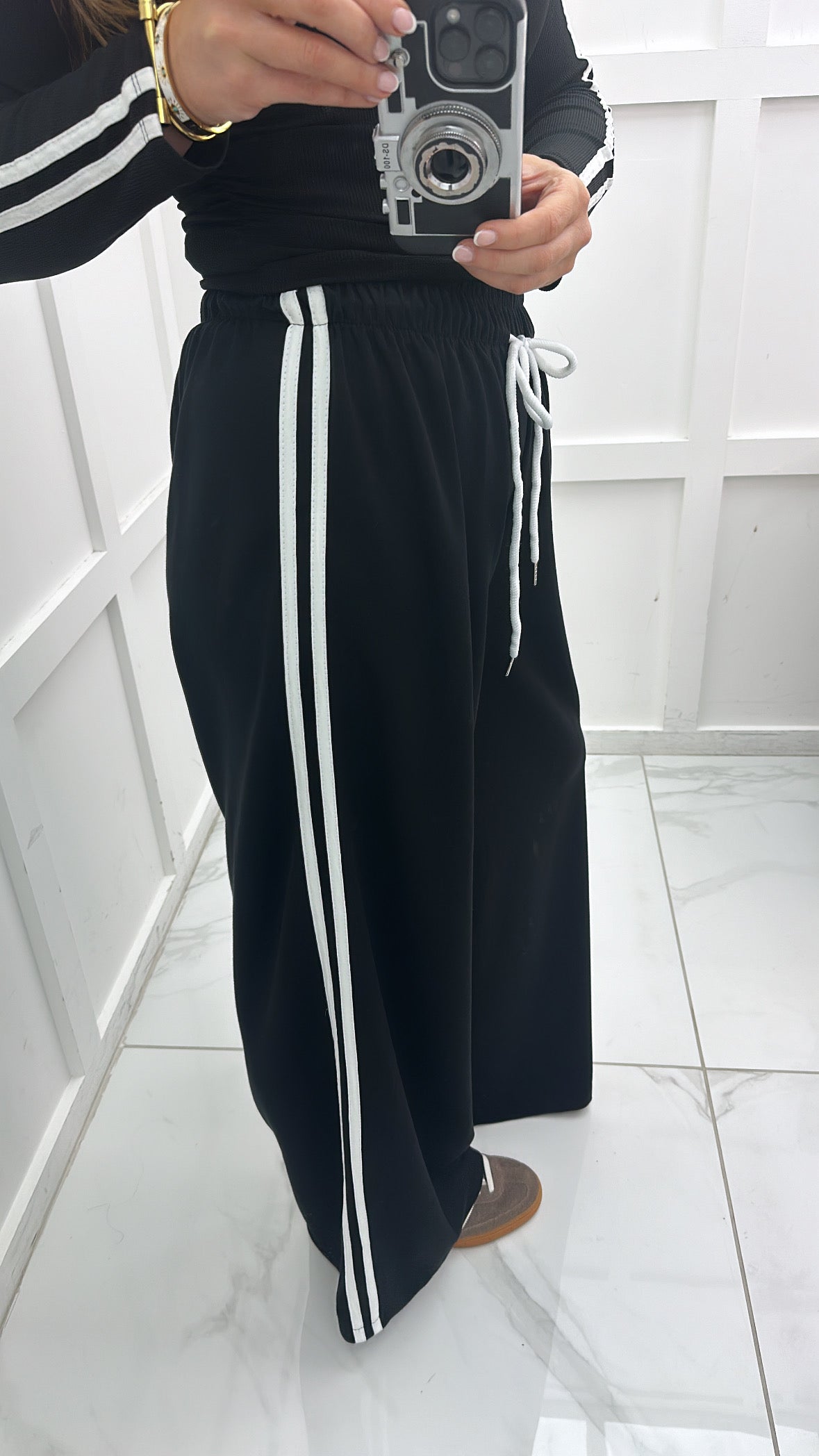 BETHANY black soft wide leg joggers with white side stripes