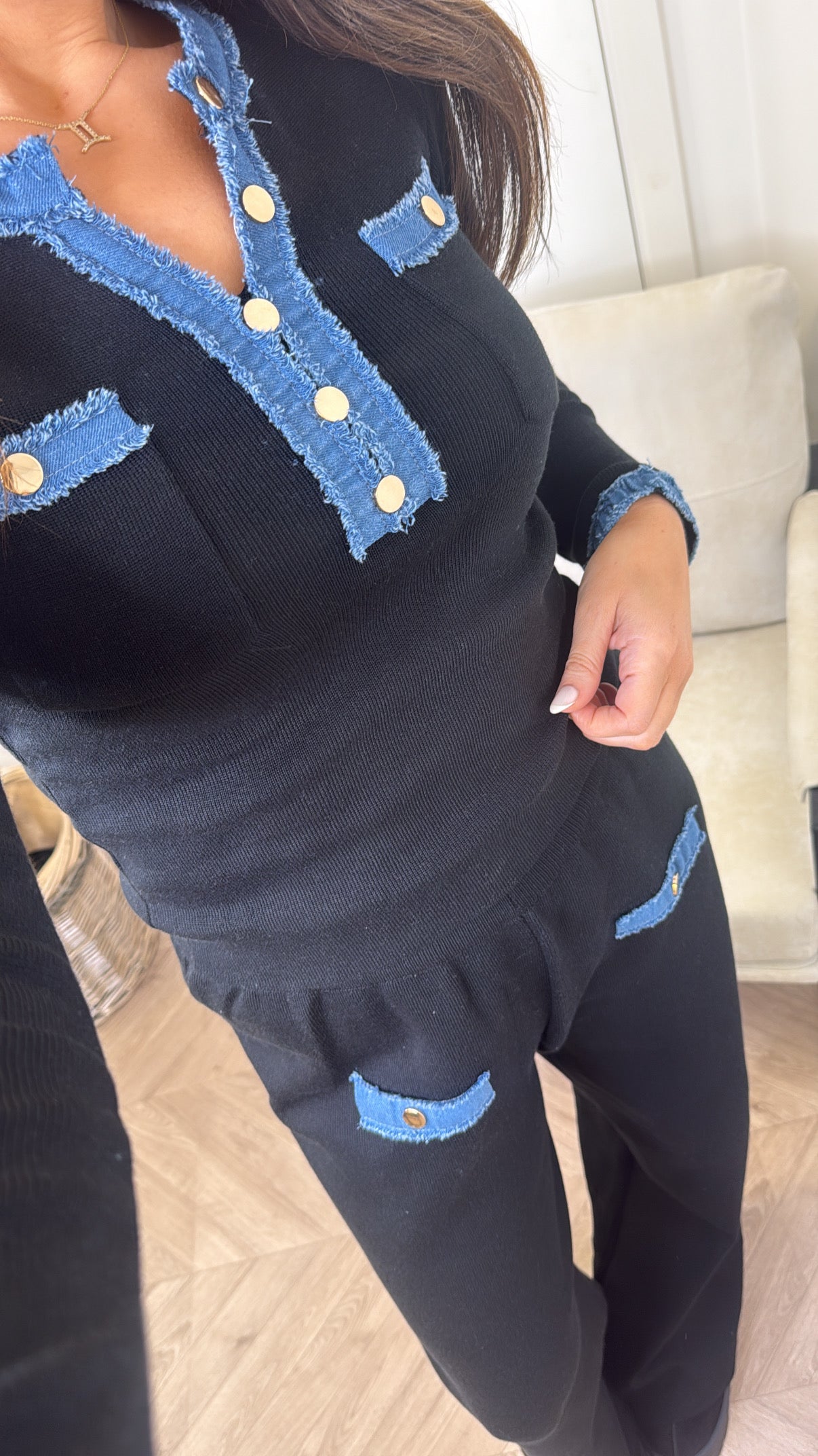 OLIVIA black and denim contrast top and trousers co-ord