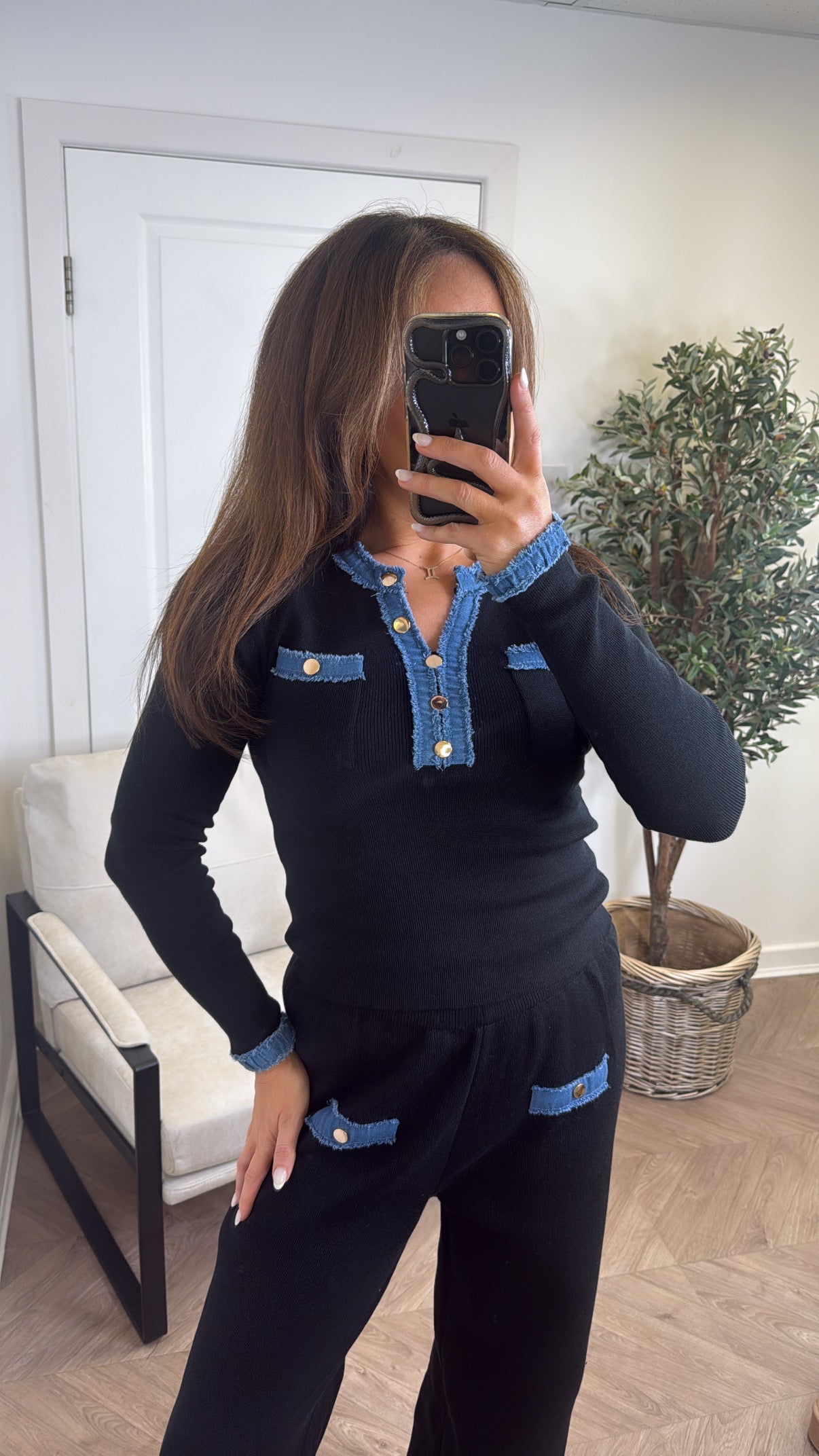 OLIVIA black and denim contrast top and trousers co-ord