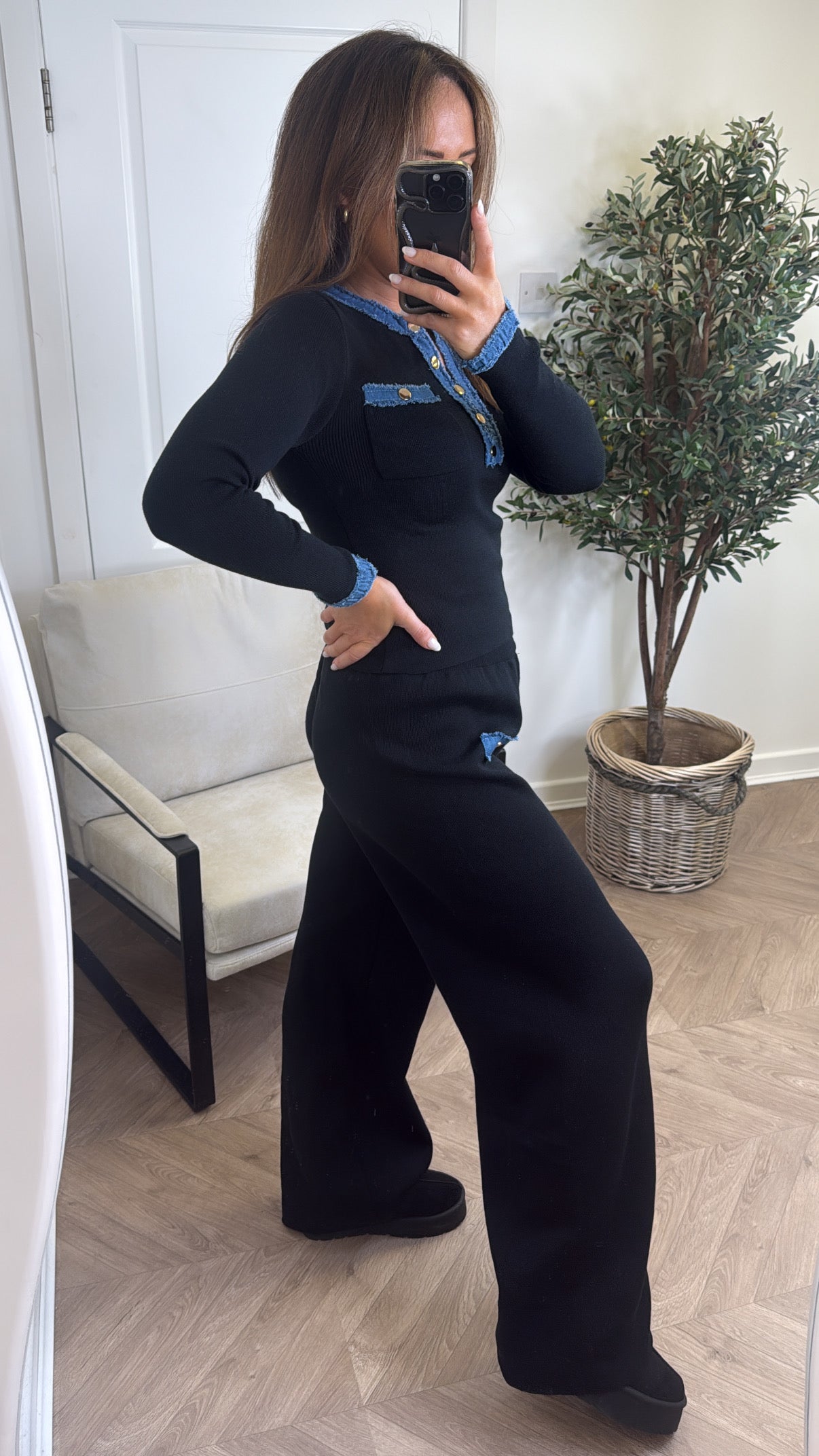 OLIVIA black and denim contrast top and trousers co-ord