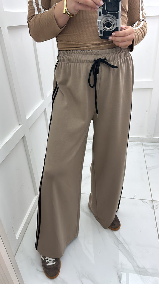 BETHANY mocha soft wide leg joggers with black side stripes