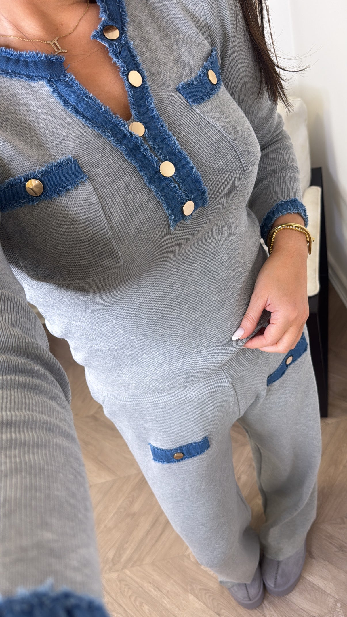 OLIVIA grey and denim contrast top and trousers co-ord