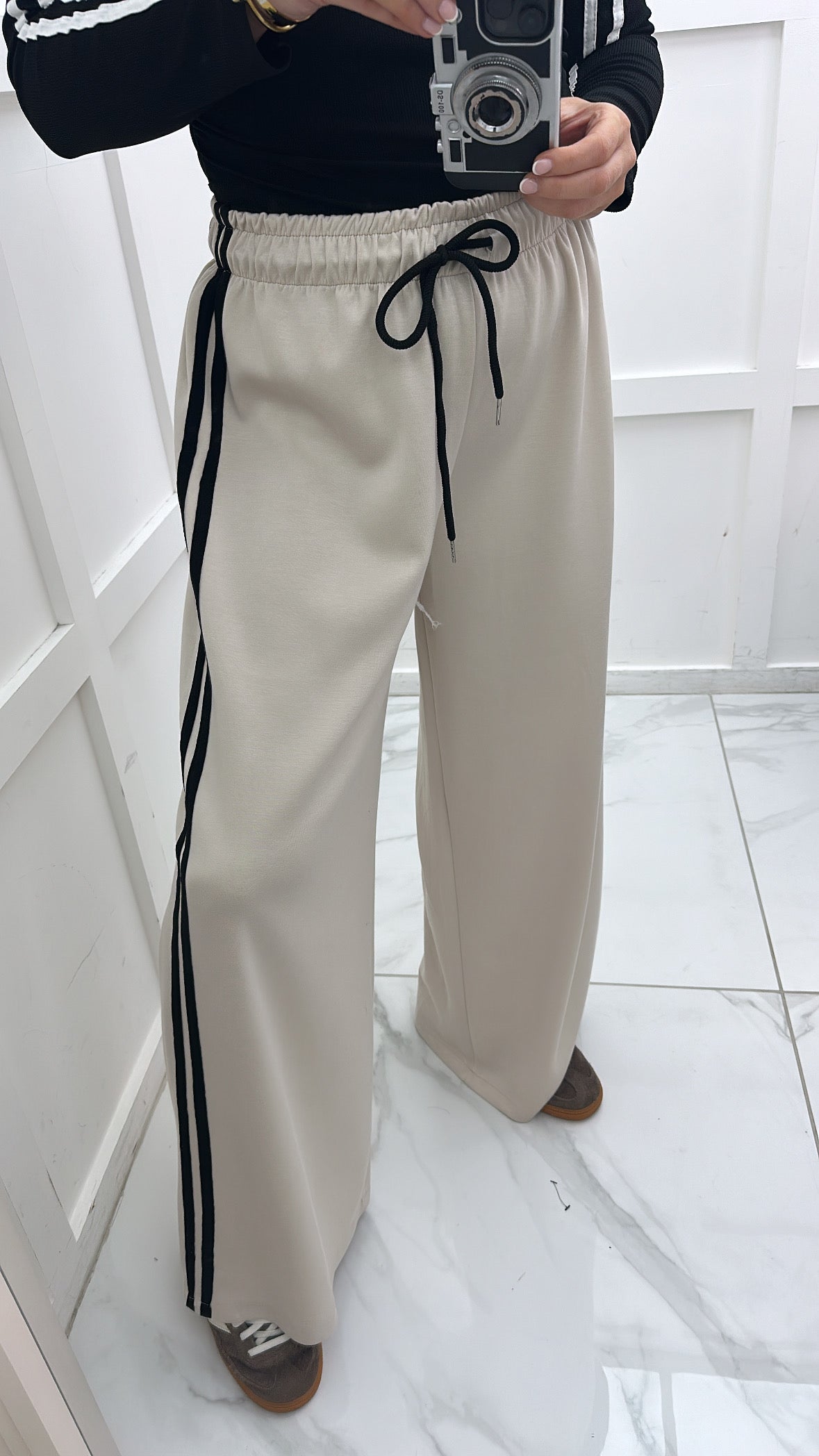 BETHANY beige soft wide leg joggers with black side stripes