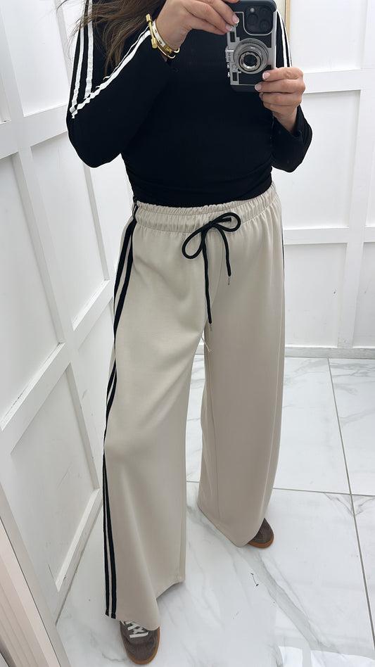 BETHANY beige soft wide leg joggers with black side stripes